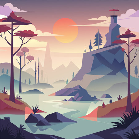 Landscape with river, mountains and forest. Vector illustration in flat styleのイラスト素材