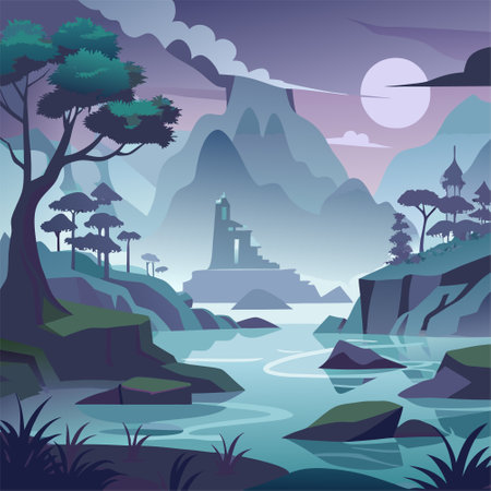 Vector illustration of a beautiful landscape with a temple and a river.のイラスト素材