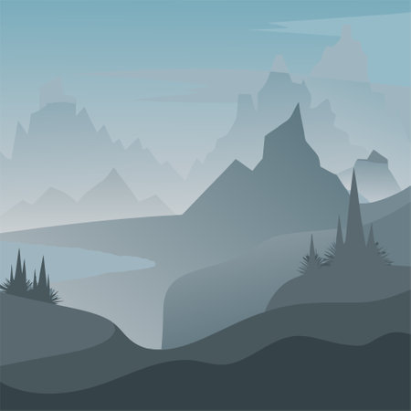 Landscape with mountains and lake. Vector illustration in flat style.のイラスト素材