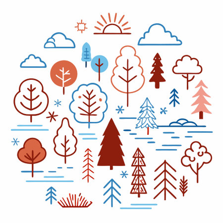Set of trees and snowflakes in flat style. Vector illustrationのイラスト素材
