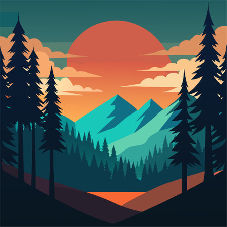 Beautiful landscape with mountains, forest and sunset. Vector illustration.のイラスト素材