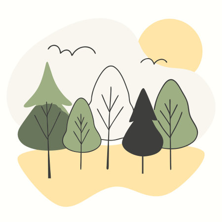 Hand drawn vector abstract graphic illustration with forest landscape. Scandinavian style flat design.のイラスト素材