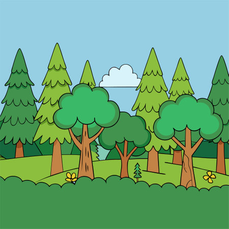 Forest landscape with trees and grass. Vector illustration in cartoon style.のイラスト素材