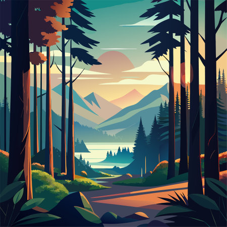 Beautiful landscape with forest and lake. Vector illustration in flat styleのイラスト素材