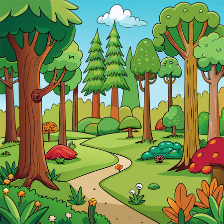 Forest scene with many trees and plants illustration. Cartoon vector background.のイラスト素材