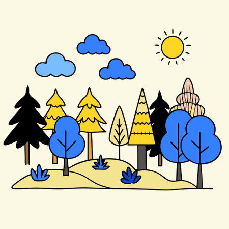 Hand drawn vector illustration of a forest with trees, bushes and sunのイラスト素材