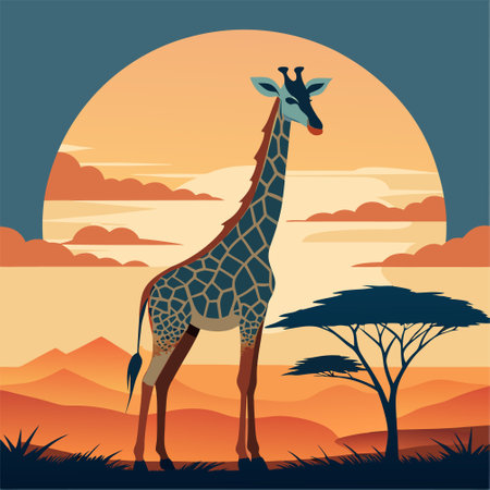 Giraffe in savanna at sunset. Vector Illustration.のイラスト素材