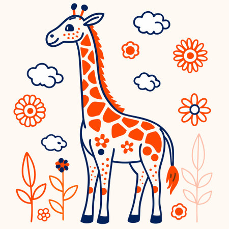 Giraffe with flowers and clouds. Hand drawn vector illustration.のイラスト素材