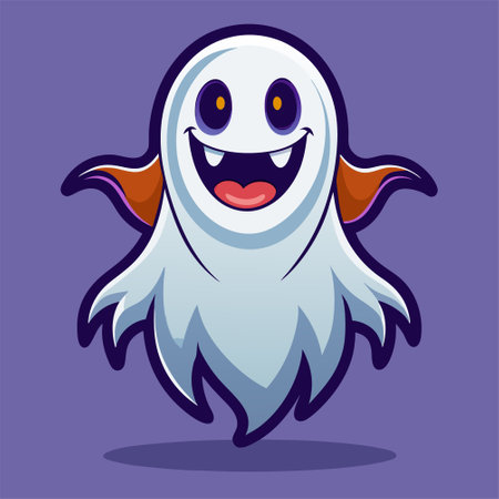 Smiling ghost cartoon character. Halloween vector illustration isolated on purple background.のイラスト素材