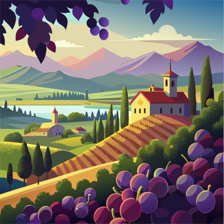 Landscape with vineyards, mountains and villages. Vector illustration.のイラスト素材