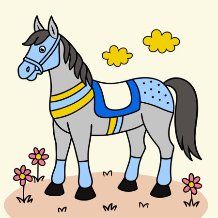 Illustration of a cartoon horse on a meadow with flowers.のイラスト素材