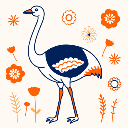 Ostrich and flowers. Vector illustration in a flat style.のイラスト素材