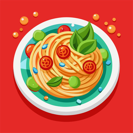 Spaghetti with tomato sauce and basil. Vector illustration in flat styleのイラスト素材