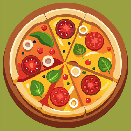 Pizza with tomato, mozzarella and basil. Vector illustrationのイラスト素材