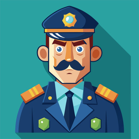 Policeman in blue uniform with a mustache. Vector illustration.