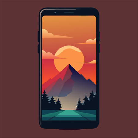 Vector illustration of a smartphone with the image of the mountains and the sunのイラスト素材