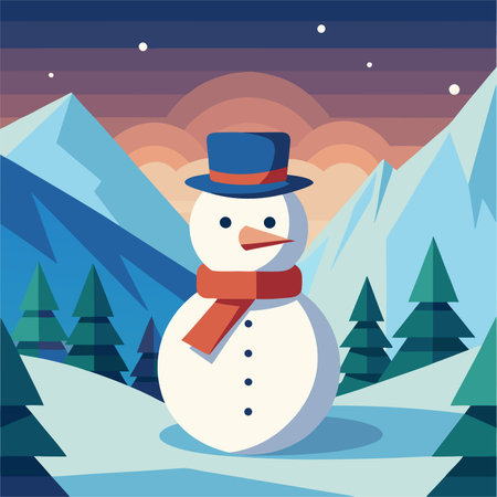 Snowman with hat and scarf in the mountains. Vector illustration.のイラスト素材