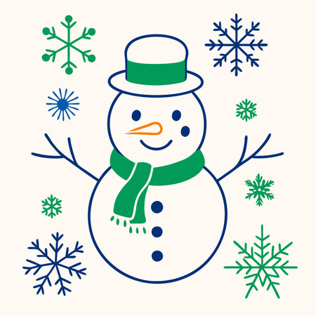 Snowman with scarf, hat and snowflakes. Vector illustration.のイラスト素材