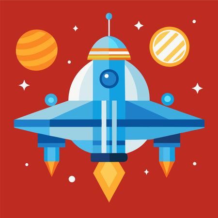 Space transport flat icon. Spaceship, planets and stars. Vector illustrationのイラスト素材