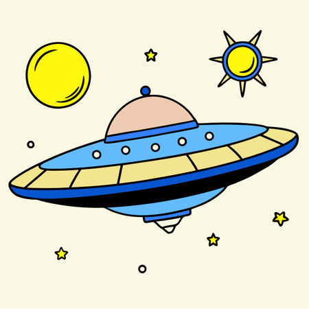 UFO in outer space. Hand drawn vector illustration in cartoon style.のイラスト素材