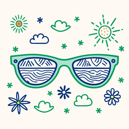 Vector illustration of sun glasses, sun, clouds and flowers. Flat style.のイラスト素材