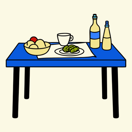 Illustration of a table with food and drinks. Vector illustration.のイラスト素材