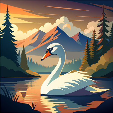 swan on the lake in the mountains at sunset, vector illustrationのイラスト素材