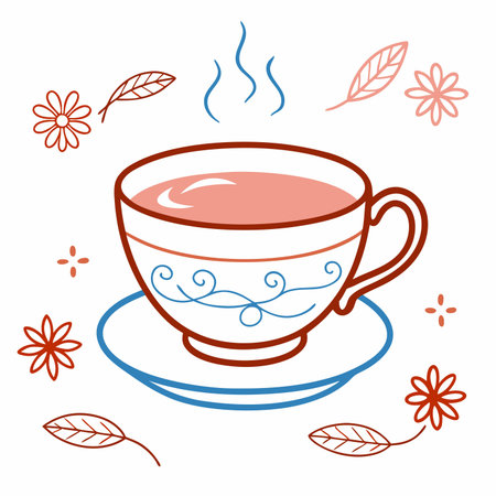 Cup of tea with floral pattern, hand drawn vector illustration.のイラスト素材