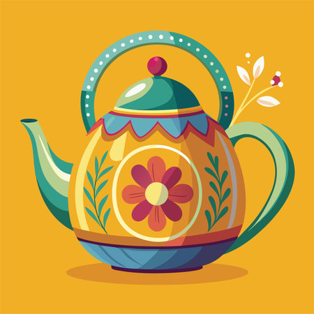 teapot with flower in pot over yellow background. colorful design. vector illustrationのイラスト素材