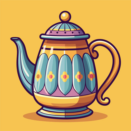 Vintage porcelain teapot on yellow background. Vector illustration.のイラスト素材