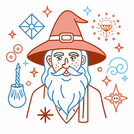 Vector illustration of a wizard in a hat with a beard and mustache.のイラスト素材
