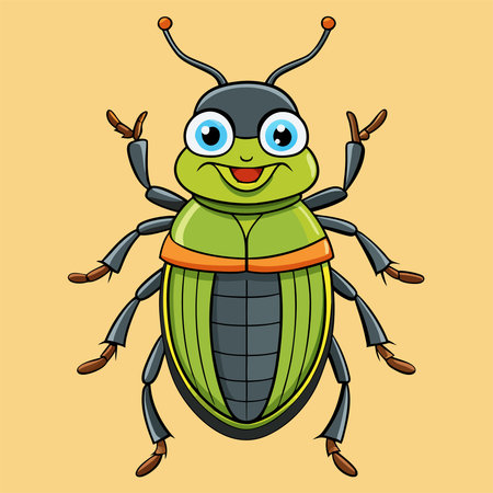 Cute cartoon green beetle with big eyes. Vector illustration isolated on yellow background.のイラスト素材