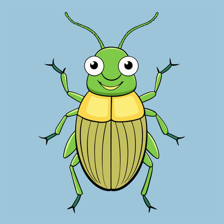 Cute green beetle isolated on blue background. Vector cartoon illustration.のイラスト素材