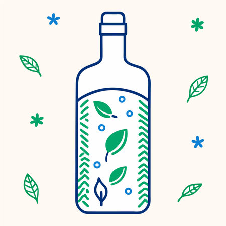 Illustration of a bottle of olive oil with leaves and flowers.のイラスト素材
