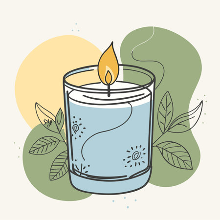 Hand drawn vector illustration of a candle in a glass with water and leaves.のイラスト素材