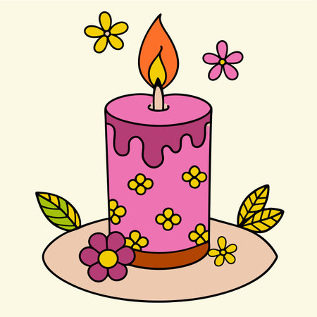 Candle with flowers and leaves. Vector illustration in doodle style.のイラスト素材