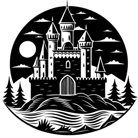 Illustration of a castle on a background of the full moon.のイラスト素材
