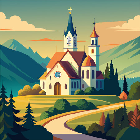 Church in the mountains. Vector illustration in flat style. Colorful background.のイラスト素材