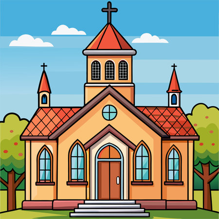 Church building in the park. Vector illustration of a cartoon style.のイラスト素材