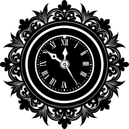 Vintage clock with floral ornament, black and white vector illustration.のイラスト素材