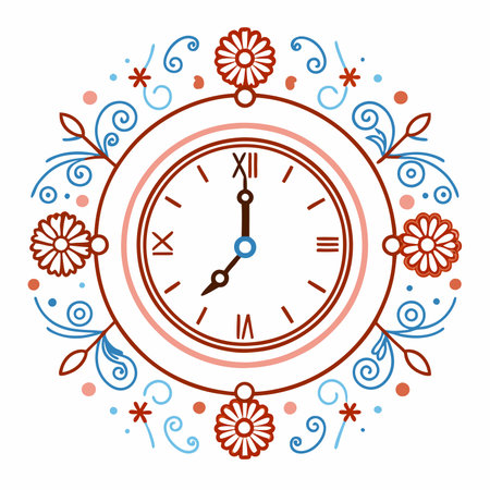 Vector illustration of a clock with floral ornament. Hand drawn design elements.のイラスト素材