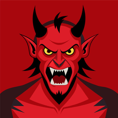 Angry devil. Vector illustration. Isolated on red background.