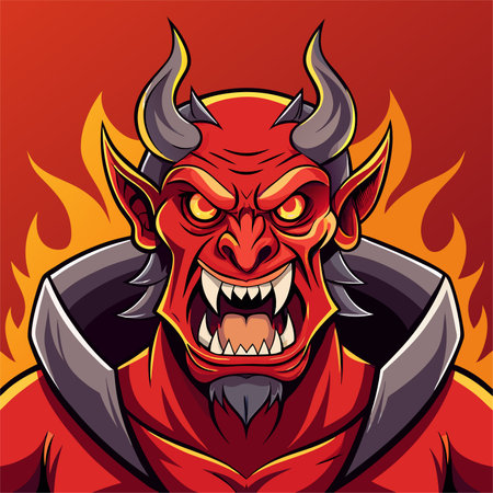 Angry red devil with horns on red background. Vector illustration.のイラスト素材
