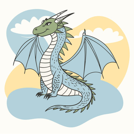 Vector illustration of a dragon on the background of the sky with cloudsのイラスト素材
