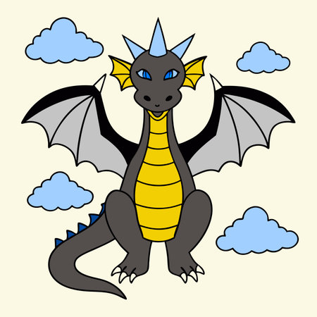 dragon with wings and crown on his head, illustration in vector formatのイラスト素材