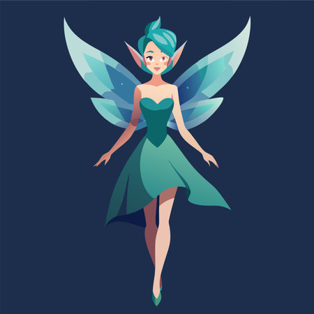 Fairy in a green dress and blue wings. Vector illustration.のイラスト素材