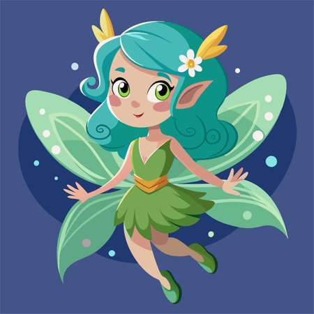 Cute little fairy on a blue background with green leaves. Vector illustration.のイラスト素材
