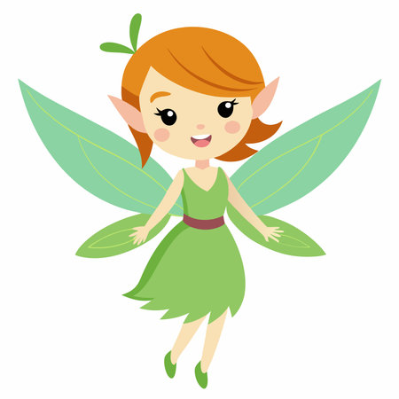Cute little fairy with green leaves on white background. Vector illustration.のイラスト素材