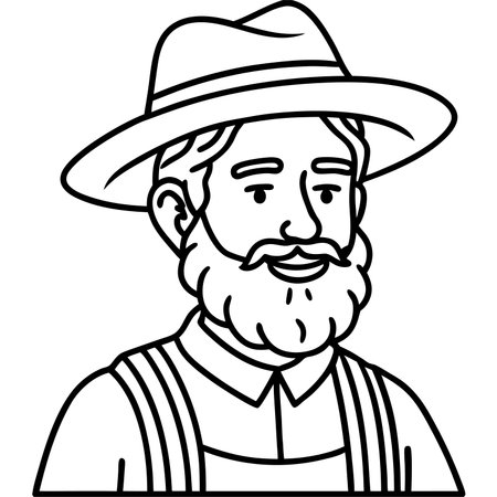 Black and White Cartoon Illustration of a Bavarian or German Man with Beard and Hat for Coloring Bookのイラスト素材