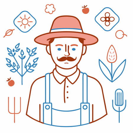 Vector illustration of farmer with mustache, hat and overalls. Linear style.のイラスト素材